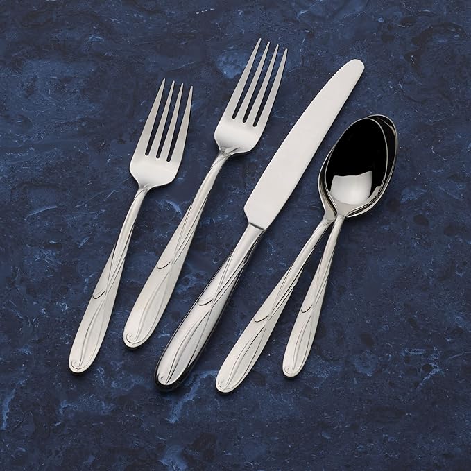 Mikasa Cocoa Blossom 65-Piece Flatware Set for 12, 18/10 Stainless Steel Silverware with Full Service and Serving Utensils, Elegant Floral Design