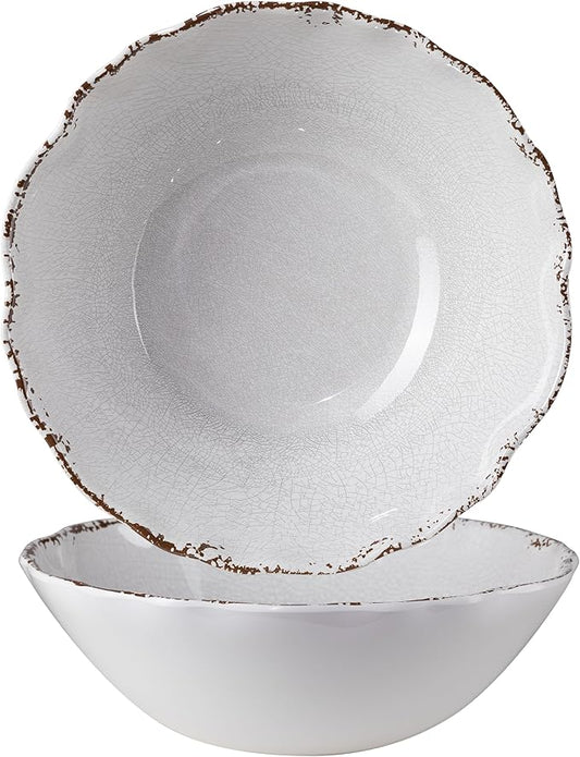 Rustic Melamine Serving Bowls, 12 inch Larger Salad Bowl Set, Set of 2, Farmhouse White large Melamine Bowl, Lightweight and Unbreakable, Dishwasher Safe…