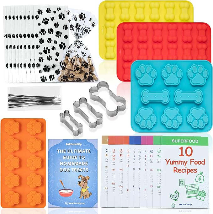 BoneItUp Dog Treat Making Kit – All-in-One DIY Cookie Set with Reusable 4 Silicone Dog Treat Molds, 3 Cutters, 10 Recipes & Gift Bags – Make Healthy Homemade Treats for Dogs