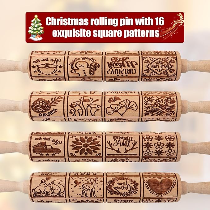 17" Premium Wooden Rolling Pins for Baking with XMAS Embossed Designs | 3mm Deep Springerle Cookie Molds | Christmas Rolling Pin & Baking Gifts for Women | Includes 3-in-1 Cleaning Brush