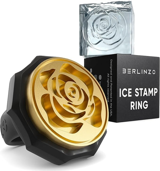 Berlinzo Ice Stamp Ring for Cube & Sphere - Custom Ice Cubes for Whiskey, Mojito Cocktails – Rose Shaped Brass Ice Stamp Rose/ 3mm Depth - Black, is_IMG_4