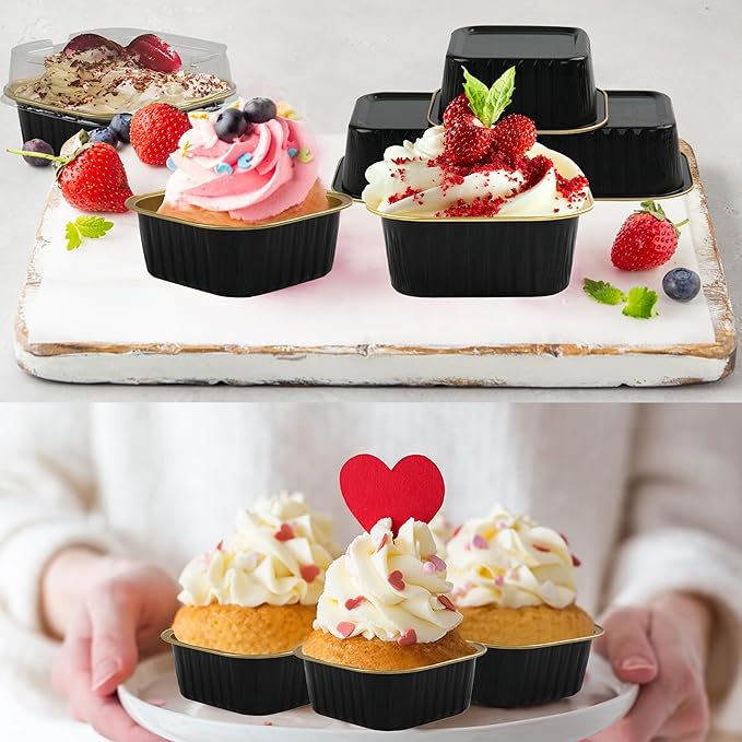 Mini Cake Pans With Lids, BAKINGPAK 30PCS 5OZ Square Mini Aluminum Pans Disposable Aluminum Foil Cupcake Cups Individual Cake Pans with Lids for Children Party Wedding Party,Black Gold