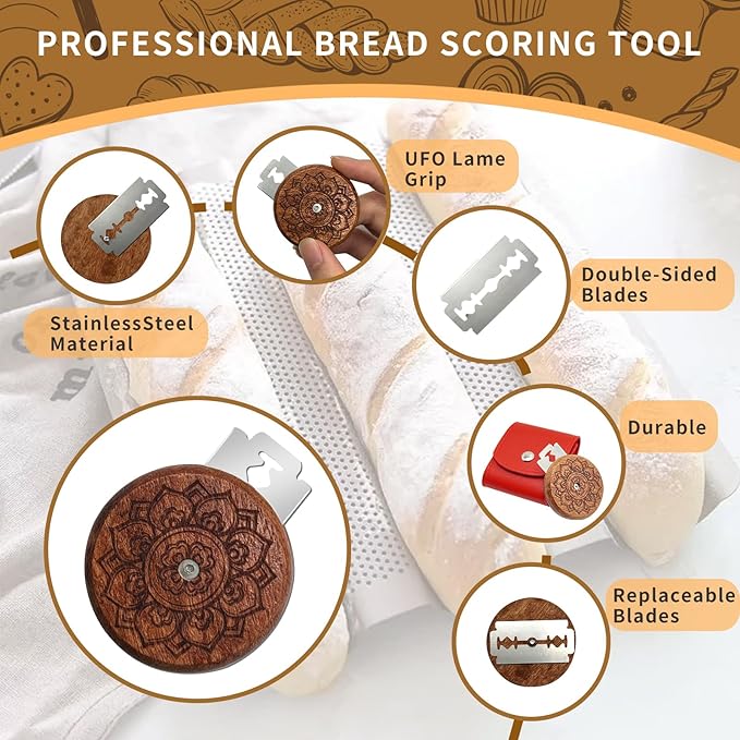 Bread Lame Sourdough Scoring Tool - Wooden Lame Bread Scoring Tool with 5 Razor Blades and Leather Storage Cover - UFO Bread Lame Dough Scoring Tool for Bread Baking