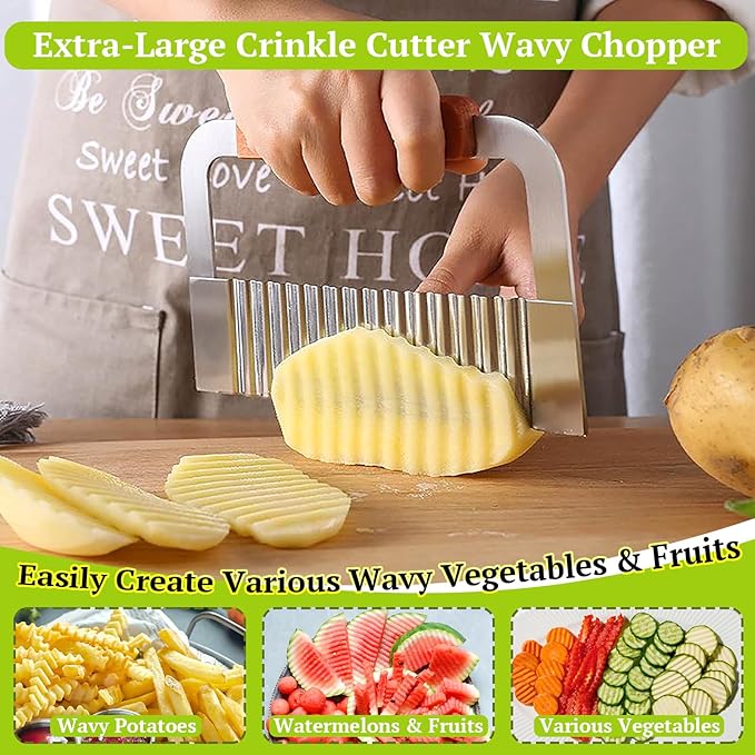Suuker Crinkle Cutter, Extra-Large Potato Slicer Wavy Chopper, Stainless Steel French Fry Cutter Wavy Crinkle Cutting Chopping Tools with Wooden Handle for Carrot Veggies