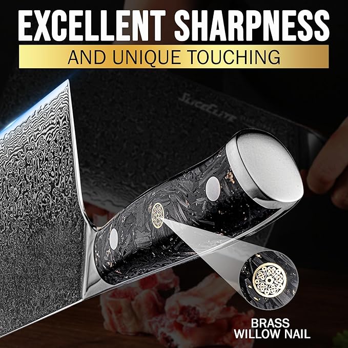 SliceElite Elite Series 7 Inch Meat Cleaver Knife Damascus VG10 Core Forged Carbon Fiber Handle Heavy Duty Chopper Sharp Kitchen Butcher Bone Cutter Vegetable Fruit Chef Tool Polymer Blade Guard Gift