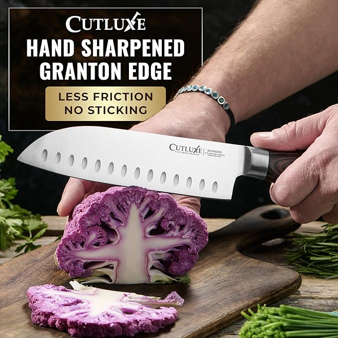 Cutluxe Santoku Knife – Ultra Sharp 7 Inch Vegetable Japanese Knife for Chopping, High Carbon Stainless Steel Blade, Full Tang Pakkawood Handle – Shinobi Series
