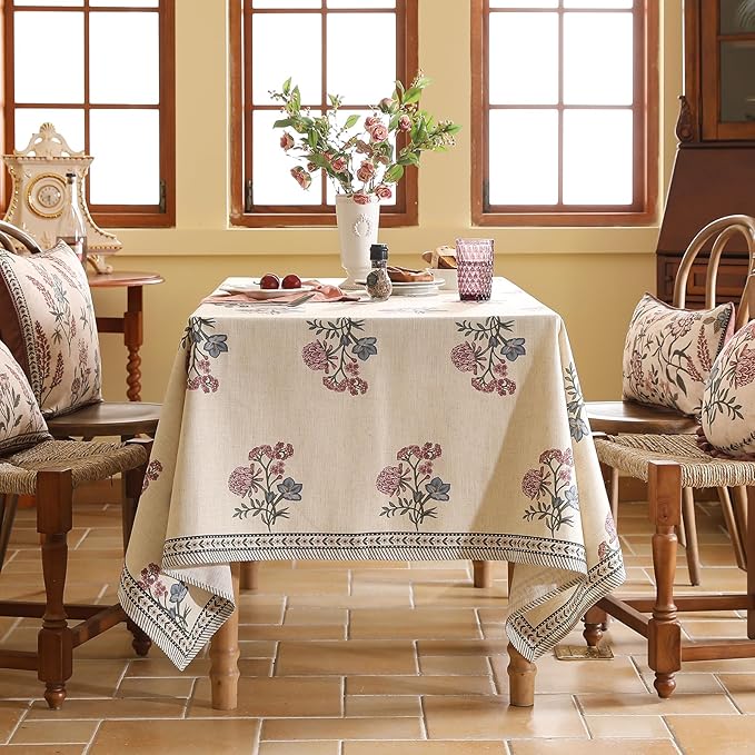 ISAENNE Designer Linen Light Beige Small Square Tablecloth,French Colorful Floral Table Cloth,Stain Resistant Decor Tablecloths for Dining Thanksgiving Christmas Kitchen,55"*55"-Helena E