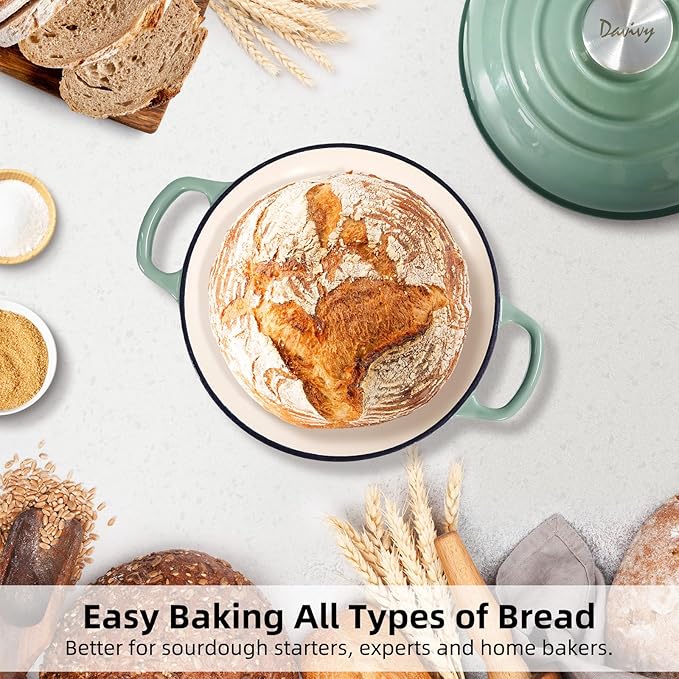 Davivy 5.5QT Sourdough Dutch Oven with Lid, 10" Round Cast Iron Bread Pan with Lid, Enameled Bread Baking Cloche, Dutch Oven for Sourdough Bread Baking, with Silicone Oven Mitts - Sea Salt Green
