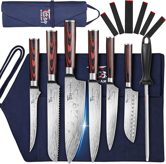 14pcs Chef Knife Set with Roll Bag, Professional Stainless Steel Japanese Knife Set with Pakkawood Handle for Professional Chef, Camping, Travel, BBQ, RV or Gift Blue