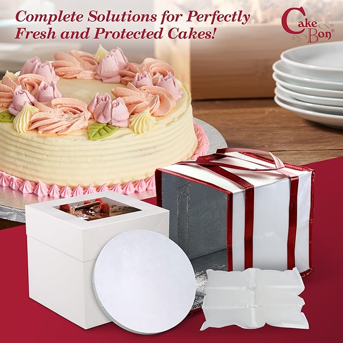 Cakebon Cake Box and Boards, 10-Inch Round White Wrapped Edges 1/2- Inch Thick Drums with Insulated Bag and Ice Pack – Cake Transport Set, Cooler for Cake Delivery and Transport (1pc Each, 4pcs Total)