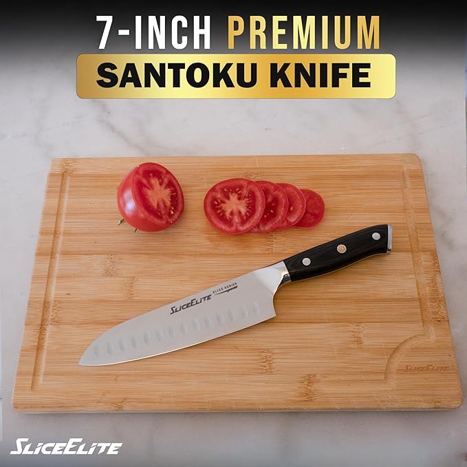 SliceElite Slice Series 7 Inch Santoku Knife High Carbon German Steel Blade Full Tang Pakkawood Handle Polymer Blade Guard Sharp Kitchen Knife for Meat Cutting Chopping BBQ Cooking Chef Vegetable