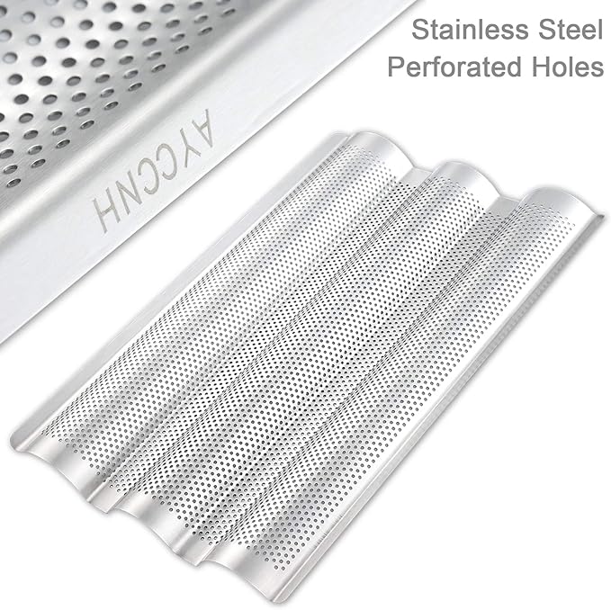 Stainless Steel Perforated French Baguette Bread Pan 3 Waves Toaster Oven Baking Tray (15"x10") with Large Bread Proofing Cloth (17.7" x 30.3")
