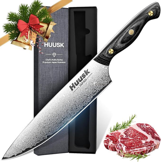 Huusk Damascus Chef Knife 8 inch, VG10 Kitchen Knife, Sharp Cooking knife with Ergonomic Wooden Handle for Vegetable Fruit and Meat Cutting, Birthday Dad Mom Gift