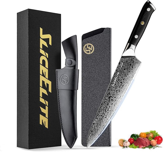 SliceElite Elite Series 8 Inch Chef Knife VG10 Damascus Steel Forged G10 Handle Sharp Kitchen Vegetable Meat Chopper Cutting Cooking Carving Precision Cleaver BBQ Fruit Professional Gift Blade Tool