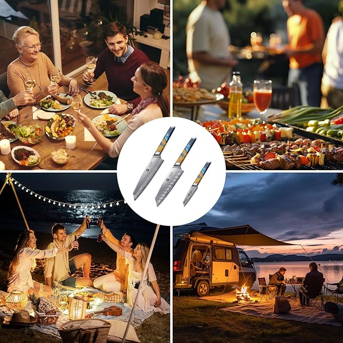 3PCS Kitchen Knife Set, Japanese Chef Knife Set with S35VN Powder Steel Core, Resin & Wood Handle, Ultra Sharp Knives Set for Meat, Vegetables, Fruits Ideal Gift