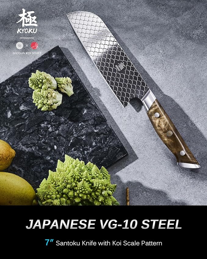 KYOKU 7" Santoku Knife with Non-Stick Koi Scale Pattern, Japanese VG10 Stainless Steel Chef Knife with Sheath & Gift Box, Shogun Koi Series Full Tang Professional Kitchen Knife with Camphorwood Handle