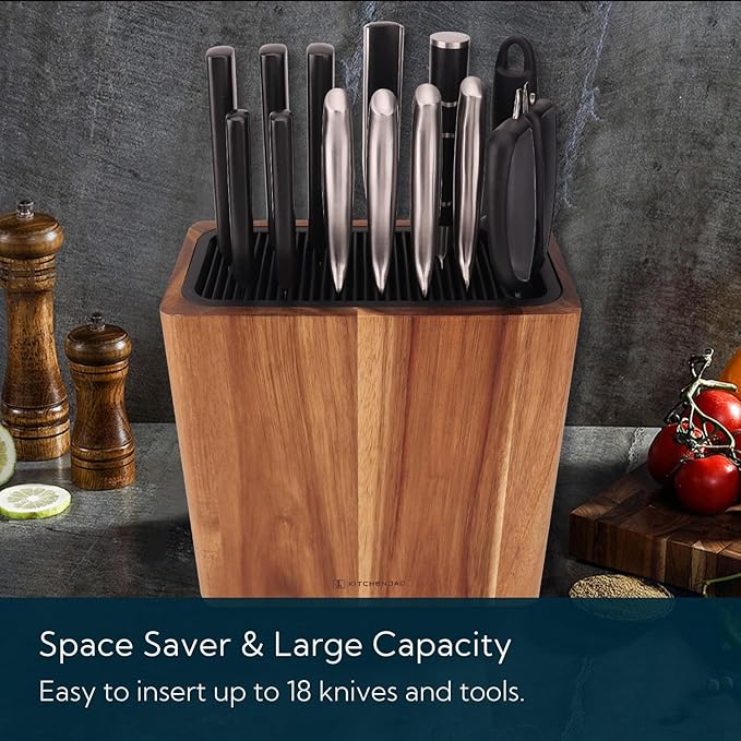 KITCHENDAO XL Acacia Wood Universal Knife Block with Slots for Scissors and Sharpening Rod, Safe, Space Saver Knives Storage Stand Display without Knives, Unique Slot Design to Protect Blade