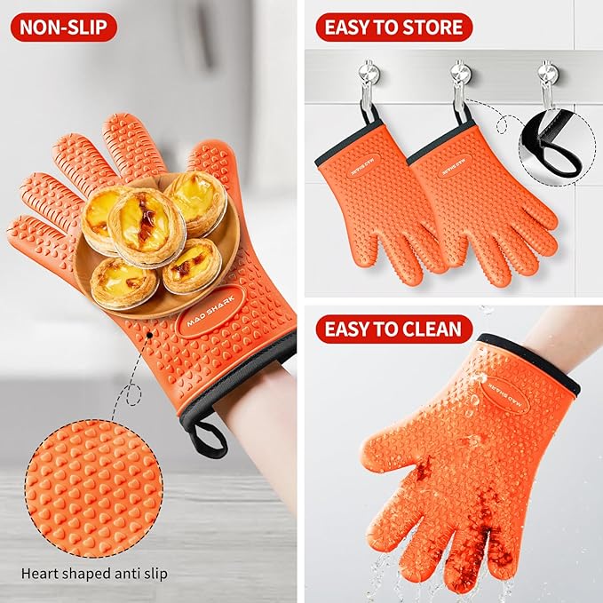 MAD SHARK Silicone Oven Mitts Heat Resistant 450 Degrees with Waterproof & Non-Slip Oven Gloves with Fingers, Silicone Oven Gloves Kitchen Mittens for Baking Cooking Barbecue (Orange)
