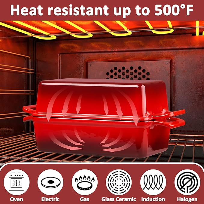 Leonyo 9 x 6 inch Cast Iron Loaf Pan with Lid, 2-in-1 Enameled Sourdough Baking Pan, Homemade Bread Dutch Oven for Pound Cake, Lasagna, Up to 500℉ & Red