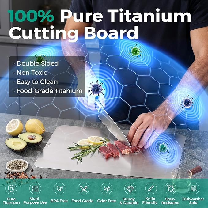 Katuchef Titanium Cutting Board - Upgraded 100% Pure Titanium Cutting Boards for Kitchen Non Toxic, Double-Grade Hygiene Durable Non Moldy Dishwasher Safe Meat Fruit Metal Board (1PC 9x13.5 Inch)
