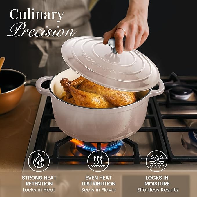 Nuovva Enamelled Cast Iron Dutch Oven Pot with Lid 6.4 Quart Non Stick Casserole Pot – Heavy Duty & Oven Safe up to 500° F for Bread Baking, Braising, Stews, Roasting – 28cm Oyster