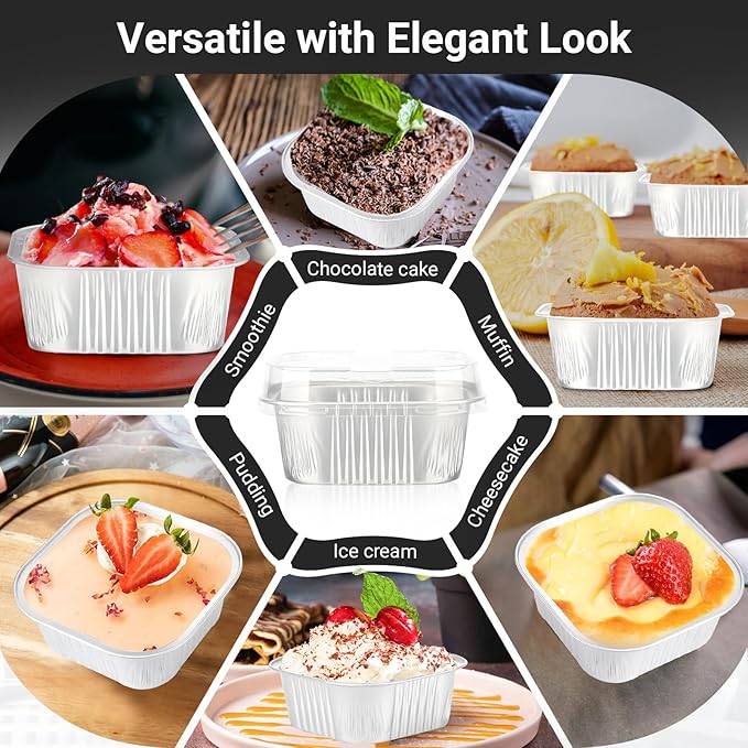 EUSOAR Baking Cups with Lids, 10oz 50pcs Square Muffin Liners Disposable Ramekins with Lids, 300ml Aluminum Foil Snacks Desserts Muffin Cups Flan, Pie Ramekin, Wedding Party Favor Baking Cups-Silver