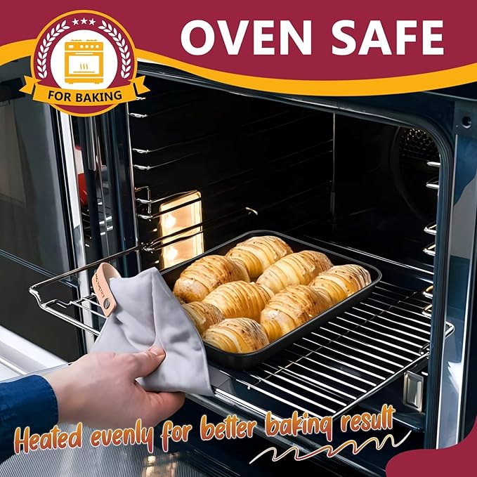 P&P CHEF 10.5 Inch Baking Cookie Sheet Pan, Carbon Steel Oven Tray, Non Stick Bakeware for Cooking Baking Bread Meat Vegetables, Sturdy & Healthy, Easy Clean, 2Pcs