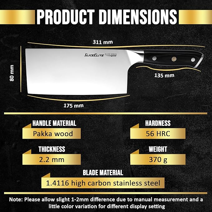 SliceElite Slice Series 7 Inch Cleaver Knife High Carbon German Steel Blade Pakkawood Handle Dual Sheath Sharp Butcher Knife Kitchen Chopper Bone Cutter Meat Slicer Vegetable Knife BBQ Butcher Cleaver