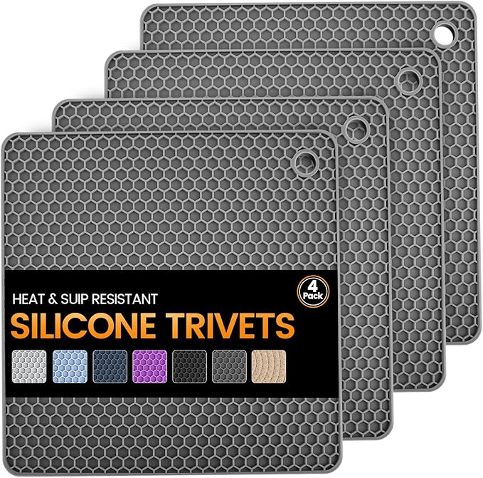 Silicone Trivet Mats 4 Heat Resistant Pot Holders Multipurpose Non-Slip Hot Pads for Kitchen Potholders, Drying mat, Jar Opener, Spoon Holder, Coaster.(Grey)