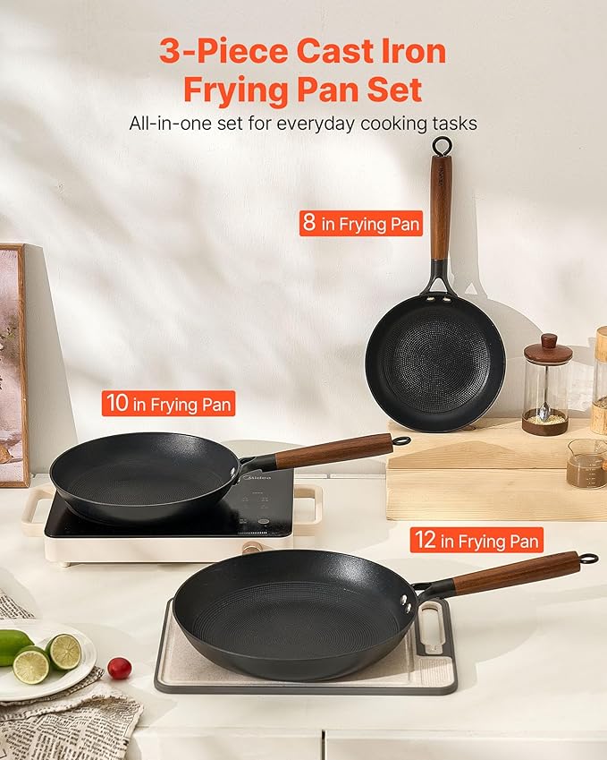 VEVOR Cast Iron Skillet, 3-Piece Frying Pan Set (8, 10, 12 in), Nonstick Skillets with Detachable Wood Handle, Pre-Seasoned Chef's Pan, Kitchen Cookware for Gas, Electrical, and Induction, Black