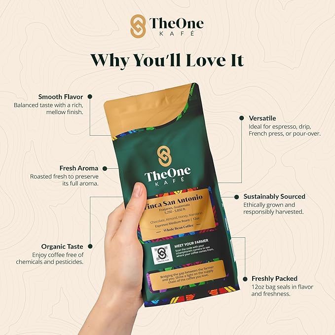 TheOne Kafé Guatemala Medium Roast Whole Bean Coffee – Organic, Single Origin, Premium Specialty Coffee and Ethically Sourced – Fresh Roasted for Espresso, Drip, Pour Over – 12 oz (Pack of 2)
