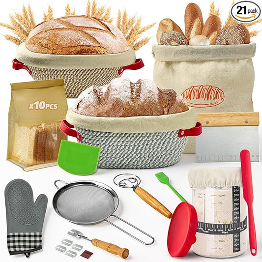 HASHMUST Banneton Bread Proofing Basket Kit, Sourdough Starter Jar Set, 9'' Round 10" Oval Fermentation Bowls Homemade Baking Supplies, Tools with Dough Whisk Cutter Lame Scraper Brush Scraper Bags