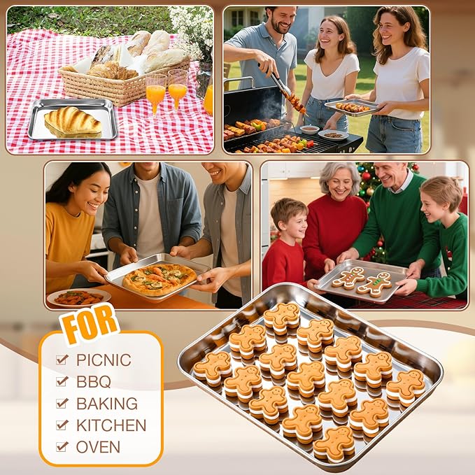 12 Pcs Baking Sheet Pan Set 9 x 6.7 x 1 Inches Cookie Sheet Small Toaster Oven Pans Stainless Steel Tray Barbecue Grill Pan Rectangle Trays Oven, Non-stick, Easy Clean