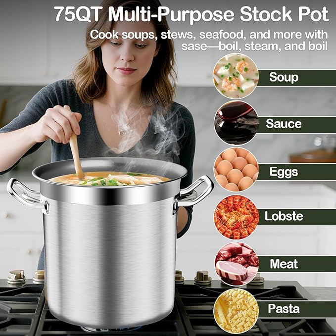 Stainless Steel Stockpot with Lid, 75QT Large Stock Pot Heavy Duty Tri-Ply Bottom Commercial Grade Stock Pot & Stockpots for Boiling Cooking Soup Stew Canning Cookware Sauce Cooking Pots