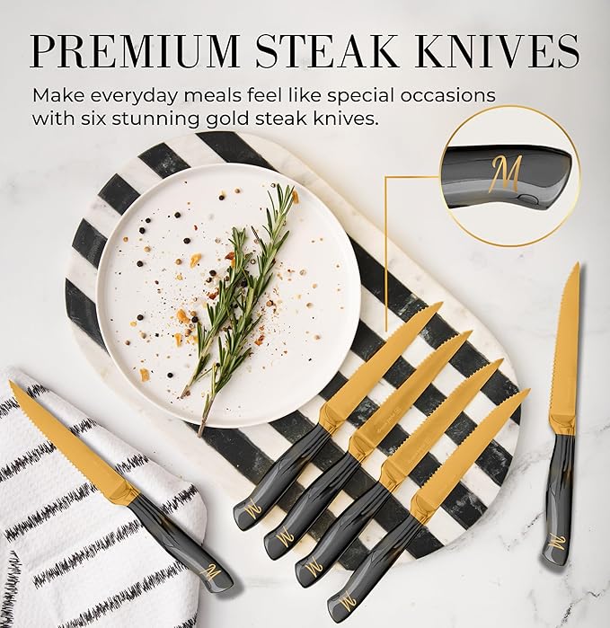 Personalized Black and Gold Knife Set with Block and Sharpener – 14-Piece Custom Engraved Titanium-Coated Gold Knives – Full Tang, Stainless Steel, Ergonomic, Gift-Ready
