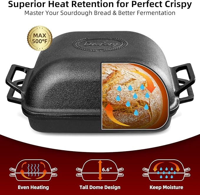 Davivy 9QT Pre-Seasoned Dutch Oven for Sourdough Bread, Non-stick Cast Iron Sourdough Bread Loaf Baking Pan, Large Capacity Cast Iron Loaf Pan, with Silicone Oven Mitts