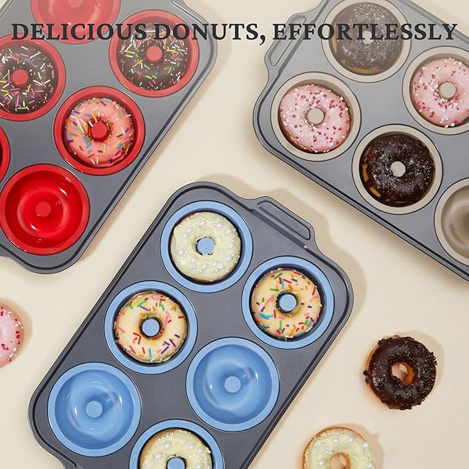 BRONYPRO Silicone Donut Pan for Baking with Metal Frame, 3.35 Inch Large doughnut pan,donut molds for baking Nonstick Non Toxic Bakeware for Oven, Red
