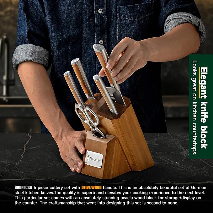 Sunnecko Knife Set for Kitchen - Block Knife Set of 6pcs with High Carbon Stainless Steel 1.4116 Chef Knife Set - Kitchen Knives with Olive Wood Handle and Acacia Wooden Knife Block