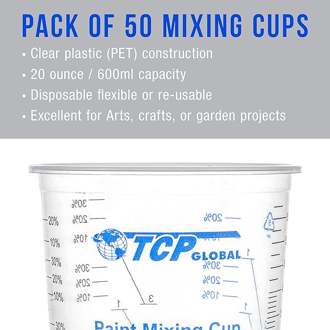 TCP Global 20 oz. (600ml) Graduated Plastic Mixing Cups - Box of 50 with 50 Mixing Sticks - Disposable Plastic Measuring Cups for Liquids, Paints, Resin, Epoxy, Art, Kitchen - Ratios 2-1, 3-1, 4-1 ML