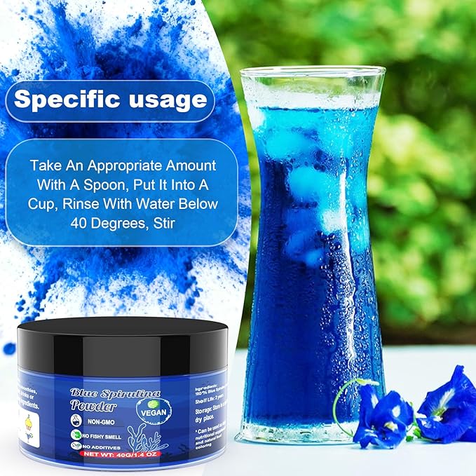 Blue Spirulina Powder - 40g Natural Blue Food Coloring, No Fishy Smell, 100% Vegan Phycocyanin Extract Spirulina Powder, Plant Based Food Dye for Cake Decorating, Smoothie, Baking, Drinks