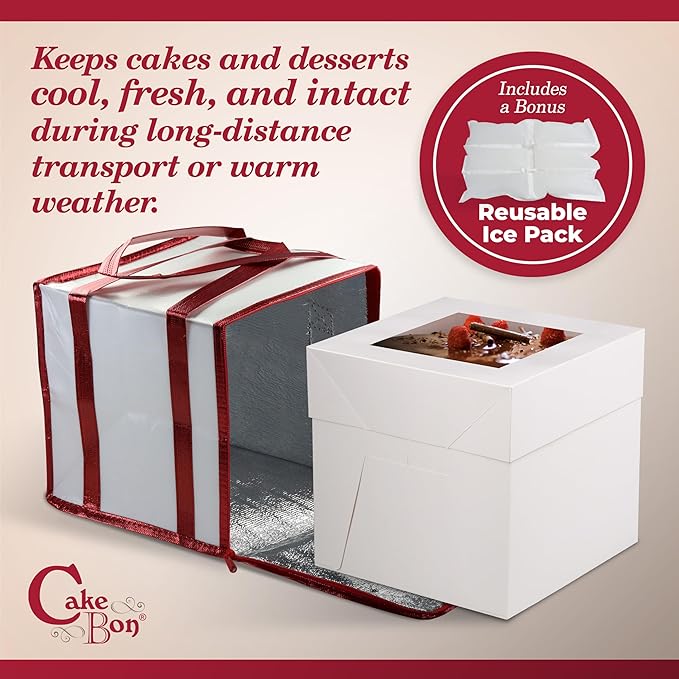 Cakebon Cake Box and Boards, 10-Inch Round White Wrapped Edges 1/2- Inch Thick Drums with Insulated Bag and Ice Pack – Cake Transport Set, Cooler for Cake Delivery and Transport (1pc Each, 4pcs Total)