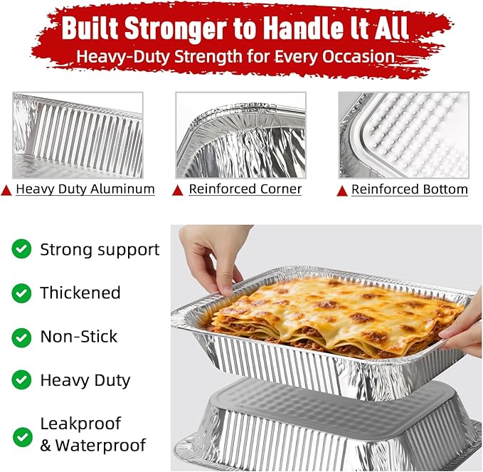 Aluminum Pans Half Size, 9x13, Heavy Duty Disposable Foil Pans for Baking, Roasting, Cooking, Heating, Storing, Deep Tin Foil Bakeware for Oven, Steam Table Tray, Cookware, Food Prepping (60 Pack)