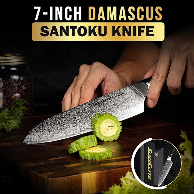 SliceElite Elite Series 7 Inch Santoku Knife VG10 Damascus Steel G10 Handle Dual Protection Cutting Kitchen Tool Sharp Vegetable Meat Chopping BBQ Chef Slicing Cleaver Cooking Camping Butcher Gift