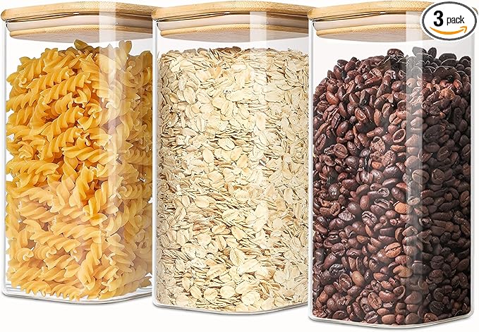 1.6 Qt Square Glass Storage Containers with Lids, Clear Food Storage Container Jar with Sealing Bamboo Lid for Noodles Flour Cereal Rice Sugar Tea Coffee Beans (Square-3Pack)