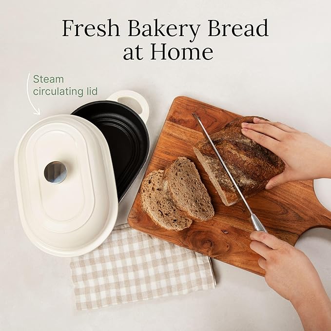 TOMO Cast Iron Oval Bread Oven, 10" x 6.5" - Rustic Dutch Oven Bread Cloche with Steam Circulating Lid for Perfect Sourdough