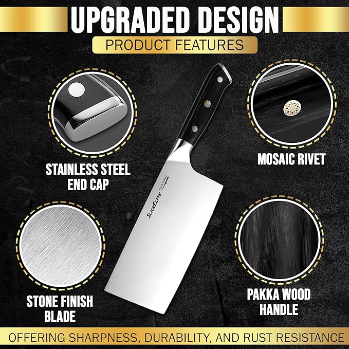 Slice Series 7-Inch Cleaver Knife – High Carbon German Steel Blade with Ergonomic Pakkawood Handle, with Options of Durable Polymer and Premium Leather Sheaths (Cleaver Knife)
