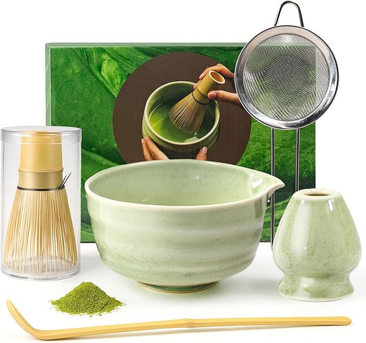 Matcha Tea Set – Japanese Matcha Bowl with Spout, Bamboo Whisk, Scoop, Holder & Strainer – Complete Ceremonial Matcha Kit for Beginners & Gift-Giving, Green