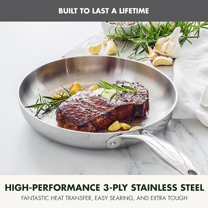 GreenPan Valencia Tri-Ply Stainless Steel 10" Frying Pan, Induction Ready Skillet, Mirror Finish, Dishwasher Safe & Oven/Broiler Safe to 600F, Compatible with All Cooktops, Silver