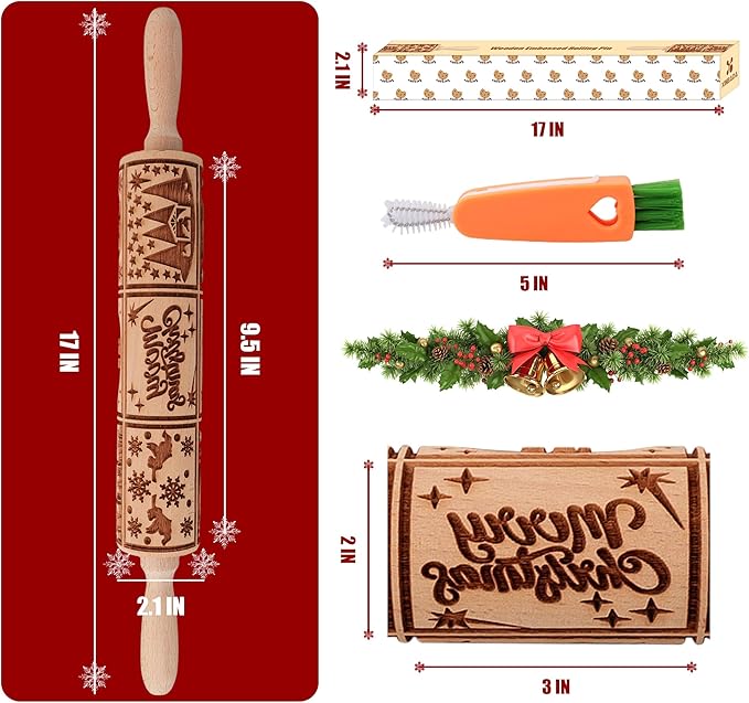 17" Premium Wooden Rolling Pins for Baking with Nativity Embossed Designs | 3mm Deep Springerle Cookie Molds | Christmas Rolling Pin & Baking Gifts for Women | Includes 3-in-1 Cleaning Brush ﻿
