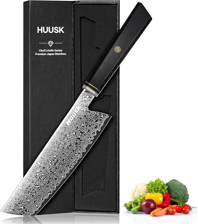 Huusk Damascus Nakiri Knife 7 Inch, Japanese Chopping Chef Knives, Razor Sharp Cleaver and Vegetable Knife with Ergonomic Wood Handle, Damascus VG-10 Kitchen Knife, Birthday Cooking Gifts for Men